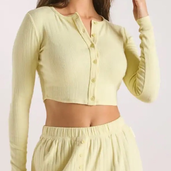 LOUNGE POINTELLE CARDIGAN LEMON-S - Picture 1 of 3